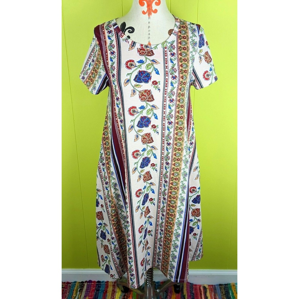 LuLaRoe JESSIE Women XS Floral Rose Stripe Short Sleeve Stretch Pocket Dress EUC